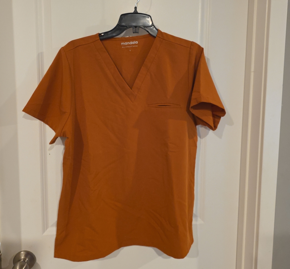 Mandala Women's Rust Orange V-Neck Short Sleeve Top Scrub